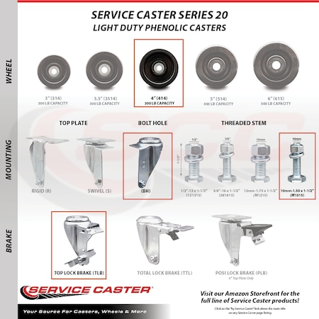 Service Caster 4 Inch SS Phenolic Wheel Swivel 10mm Threaded Stem Caster with Brake SCC SCC-SSTS20S414-PHS-TLB-M1015